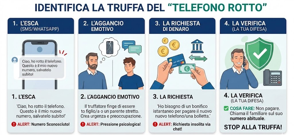 Infografica che descrive i quattro passaggi della truffa "telefono rotto": l'esca via messaggio, l'aggancio emotivo con un finto familiare, la richiesta insolita di denaro e la procedura di verifica chiamando il numero abituale. Infografica che descrive i quattro passaggi della truffa "telefono rotto": l'esca via messaggio, l'aggancio emotivo con un finto familiare, la richiesta insolita di denaro e la procedura di verifica chiamando il numero abituale.