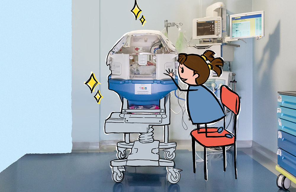 Culla per bambini prematuri in una stanza d’ospedale vegliata e assistita da una donna animata Culla per bambini prematuri in una stanza d’ospedale vegliata e assistita da una donna animata